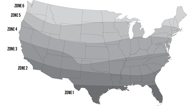 Zone 1 (Darkest) – Covers the southernmost states, including Texas, Louisiana, Mississippi, Alabama, Georgia, and Florida, as well as parts of southern California, Arizona, and New Mexico.  Zone 2 – Extends slightly north, covering Oklahoma, Arkansas, Tennessee, South Carolina, and southern portions of New Mexico, Arizona, and California.  Zone 3 – Includes Kansas, Missouri, Kentucky, North Carolina, Virginia, and more of Colorado, Utah, and Nevada, reaching into northern California.  Zone 4 – Covers much of the Midwest and interior West, including Nebraska, Iowa, Illinois, Indiana, West Virginia, Pennsylvania, and large parts of Oregon, Idaho, Wyoming, and Montana.  Zone 5 – Includes northern states like Minnesota, Wisconsin, Michigan, New York, and most of New England, as well as the northern Rockies and Pacific Northwest.  Zone 6 (Lightest) – Covers the northernmost parts of the country, including North Dakota, Montana, northern Minnesota, and the northern edges of New England, as well as high-elevation areas in the West.Zone 1 (Darkest) – Covers the southernmost states, including Texas, Louisiana, Mississippi, Alabama, Georgia, and Florida, as well as parts of southern California, Arizona, and New Mexico.