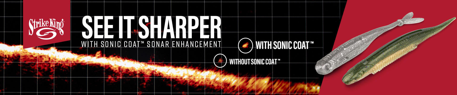 Strike King Sonic Coat fishing bait comparison showing sonar trail visibility—enhanced, brighter return with Sonic Coat versus weaker signal without it, alongside two soft plastic lure designs on a red background.